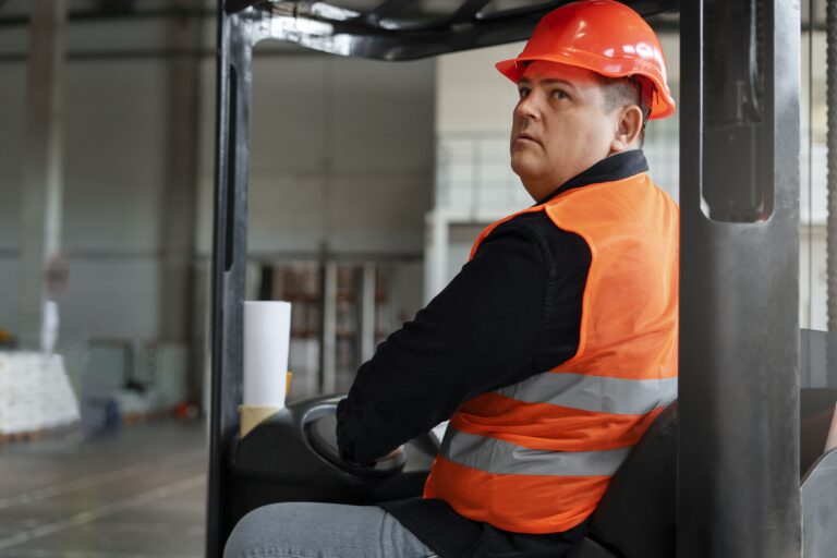 Kompaktowy wózek widłowy elektryczny pracujący w wąskiej alejce magazynowej w Białymstoku